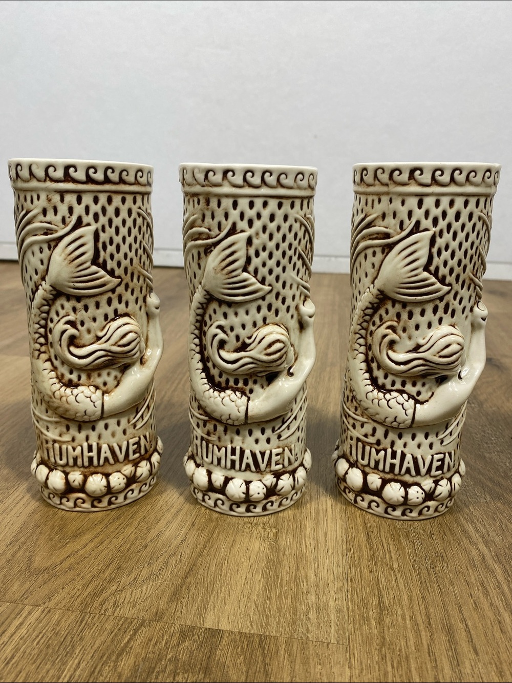 New Tiki Rob - RumHaven Ceramic Mermaid Tiki Mug Set of 3 (Ivory/Brown)